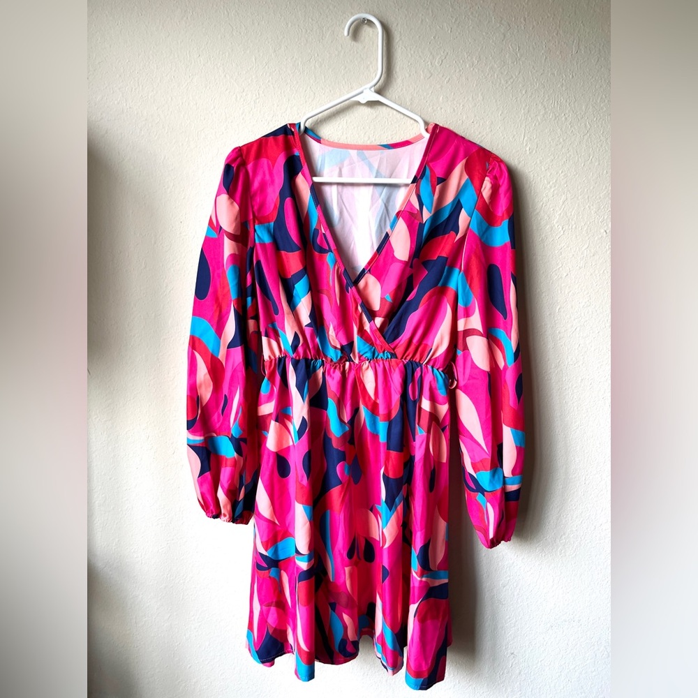 Pink and Blue Wrap Sundress with Bishop Sleeves